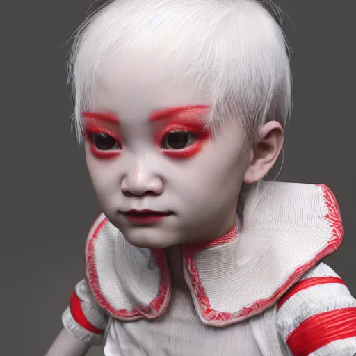 Image similar to 1900s beautiful albino Asian girl kid , unreal engine octane, red and white, portrait, gliter, depth of field, 8k, hyper detailed, tending on artstation