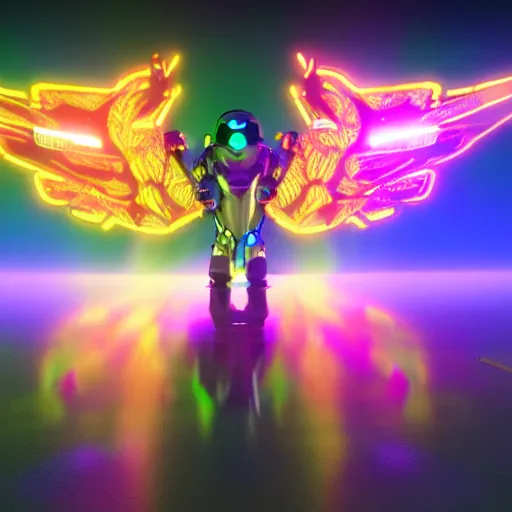 Prompt: a cybertronic duck,metallic, glowing, neon wings, unreal engine