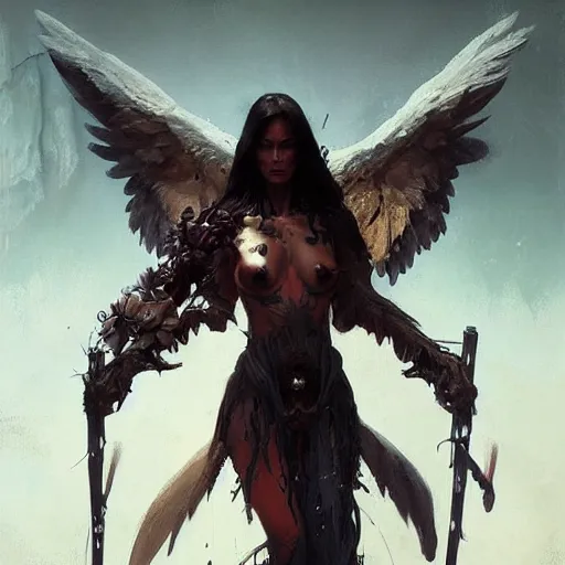 Prompt: a portrait of a beautiful angel of death in a scenic environment by marco bucci and greg rutkowski and frank frazetta, sharp focus, detailed, cinematic, closeup