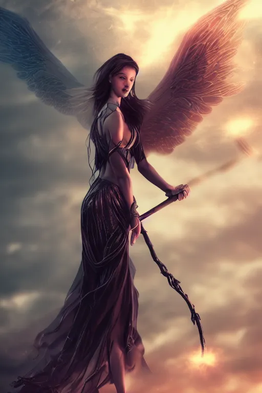 Image similar to beautiful woman with black angelic wings holding a magical staff, falling from the sky, cinematic lighting, dramatic atmosphere, 4k resolution, trending on artstation