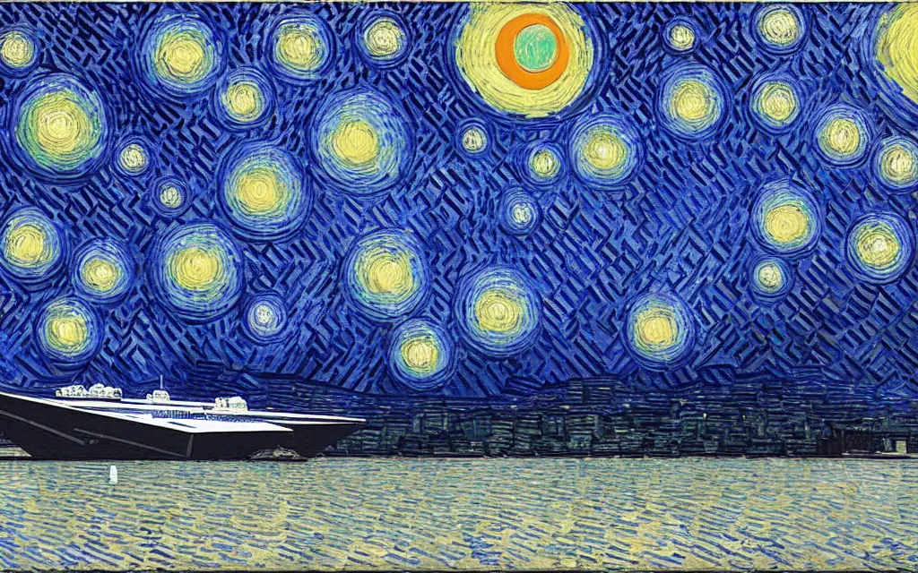 Prompt: star wars star destroyer from star wars flying between the stars inpainting in the starry night by van gogh