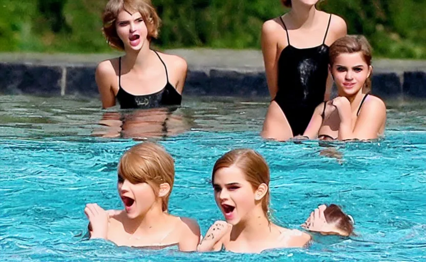 Image similar to emma watson and taylor swift and selena gomez swim together. perfect faces.