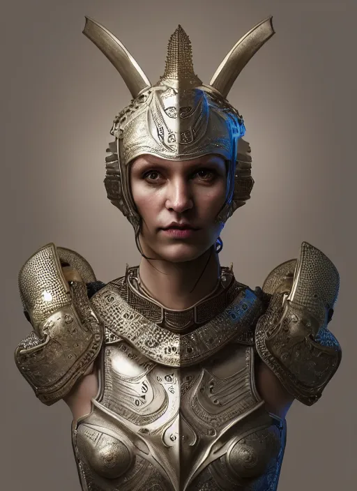 Image similar to hyperrealistic mixed media portrait of an humanoid ram creature wearing full plate armor, stunning 3d render inspired art by Michael Parkes + perfect facial symmetry + dim volumetric lighting, 8k octane beautifully detailed render, post-processing, extremely hyperdetailed, intricate, epic composition, grim yet sparkling atmosphere, cinematic lighting + masterpiece, trending on artstation