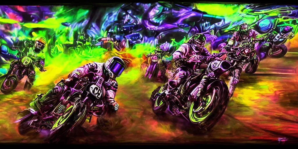 Image similar to psychedelic blacklight airbrush artwork, motorcycles, hyper stylized action shot of orc bikers racing on motorcycles, menacing orcs, drifting, skidding, wheelie, clear focused details, soft airbrushed artwork, black background, cgsociety, artstation