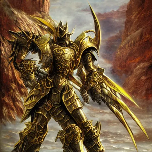 Image similar to golden dragon born fighter wearing plate armor, matte painting, painted by yoshitaka amano