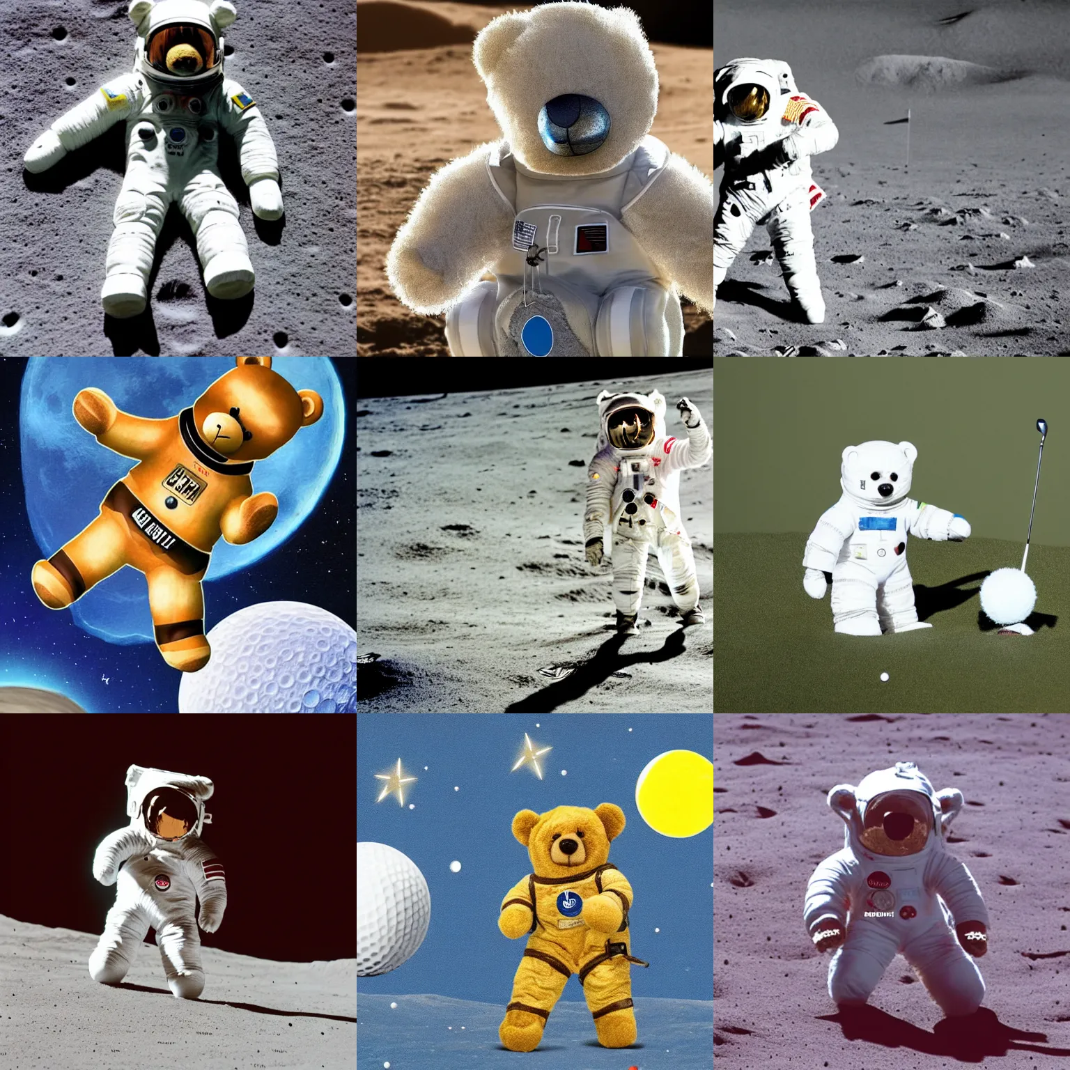 Prompt: a high-quality photograph of a teddy bear wearing a space suit, playing golf on the moon. Detailed and clear.