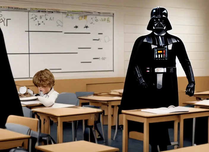 Image similar to film still of Darth Vader working as a high school teacher in the new Star Wars movie, 4k