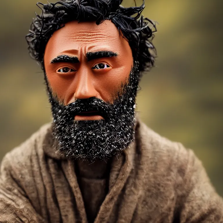 Prompt: taika waititi portrait, cinematic film still of a claymation stop motion film. shallow depth of field, 8 0 mm, f 1. 8