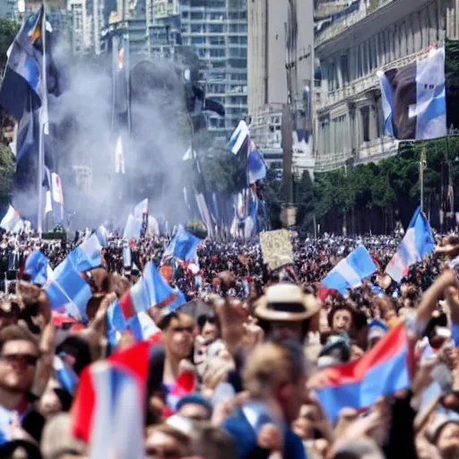 Image similar to Lady Gaga as president, Argentina presidential rally, Argentine flags behind, bokeh, giving a speech, detailed face, Argentina