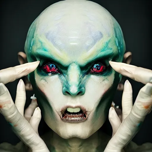 Prompt: a demon inspired by the stars created by the make up artist hungry, photographed by andrew thomas huang, cinematic, expensive visual effects