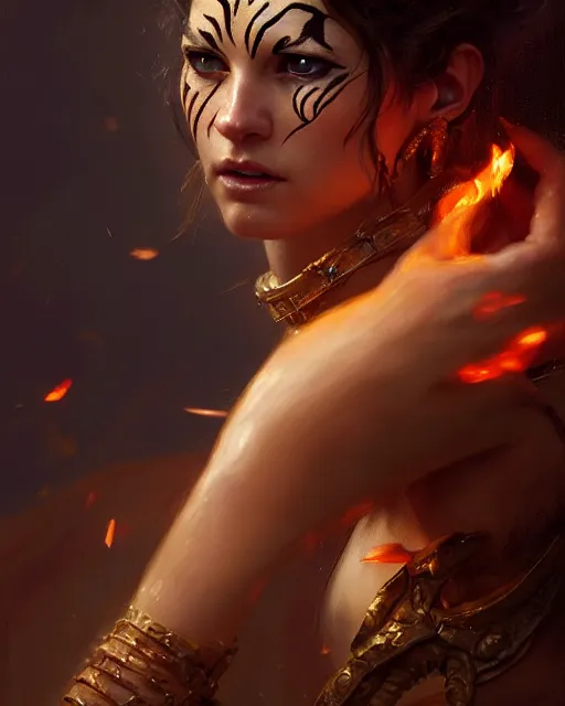 Image similar to daniel gerhartz and wlop and tom baghshaw, detailed portrait, digital painting of a beautiful half - tiger half - woman, evil mood, throne room in the background, embers flying, unreal engine, hyper realism, realistic shading, cinematic composition, blender render, octane render, ultrawide shot