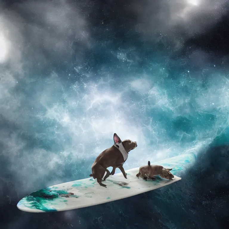 Image similar to photo of a dark gray white small spots coat pit bull with a white paws, surfing on a surfboard in a crashing wave of alien ocean in space, background is an alien galaxy, aliens in the background, alien colors, octane render, unreal engine, wide view, 8 k, high detaild