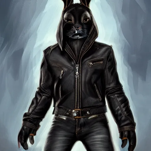 Image similar to A bunny with a small head wearing a fine intricate leather jacket and leather jeans and leather gloves, trending on FurAffinity, energetic, dynamic, digital art, highly detailed, FurAffinity, high quality, digital fantasy art, FurAffinity, favorite, character art