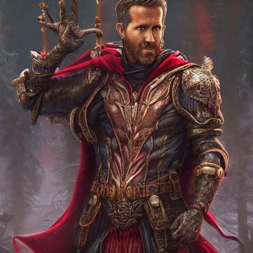 Prompt: ryan reynolds wearing wizard robes stands against magical tree romance novel fantasy artwork epic detailed and intricate digital photo trending on artstation by wlop octane render