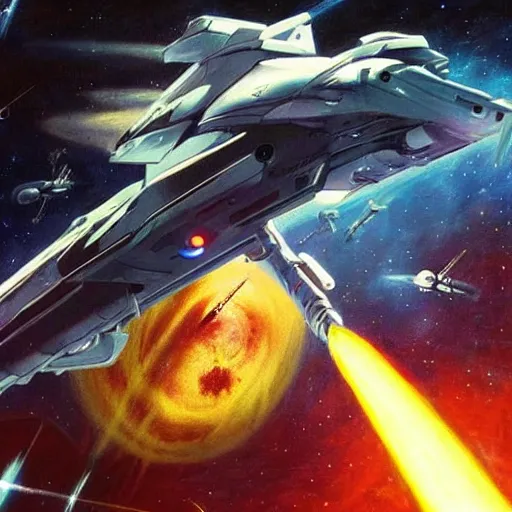 Image similar to science - fiction space battleship in combat, laser beams, explosions, space, planets, painting