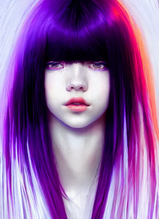 Image similar to hair whitebangs hair, black hair, whitebangs, portrait of teenage girl with white bangs, red irises, purple clothes, white bangs, bangs are different color from hair, intricate, elegant, glowing lights, highly detailed, digital painting, artstation, concept art, smooth, sharp focus, illustration, art by wlop, mars ravelo and greg rutkowski