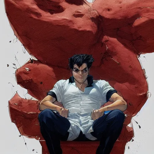 Image similar to a beautiful artwork of a young male scientist with black hair and white shirt sitting on an office chair explaining something by Jerome Opeña, featured on artstation