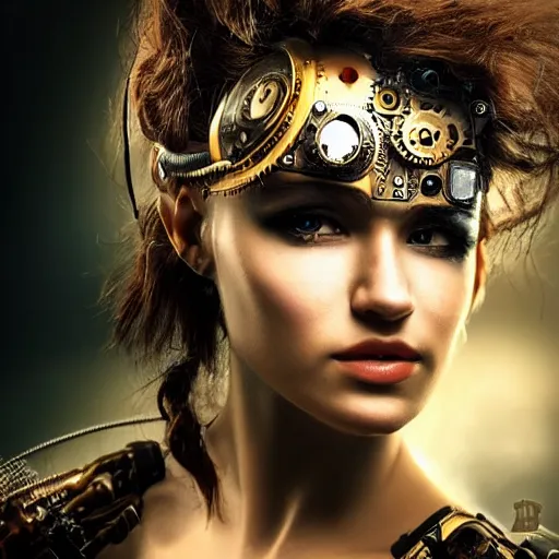 Image similar to beautiful half human half steampunk cyborg portrait, steampunk, extremely detailed, lush, gears, pretty, cinematic lighting, epic, intense, long hair, brown eyes, cool,