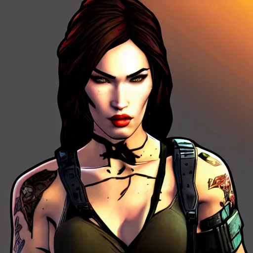 Image similar to megan fox portrait, borderlands, tales from the borderlands, the wolf among us, comic, cinematic lighting, studio quality, 8 k