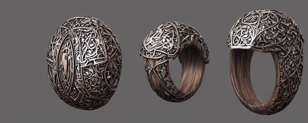 Image similar to wooden ring with a steel shield ornament, intricate, detail, ring, wood, steel, shield, tungsten, smooth shank, engravings, product design, jewelry, art by gerald brom, greg rutkowski and artgerm and james jean and zdzisław beksinski, 8 k, unreal engine, c 4 d