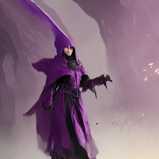 Image similar to female warlock long hood cloak purple, fighting monster with magic, 8 k, trending on artstation by tooth wu and greg rutkowski