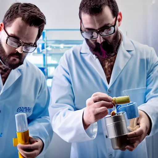 Image similar to two men in blue lab coats, pouring cannabis into metal tubes, cinematic, 4k, high detail