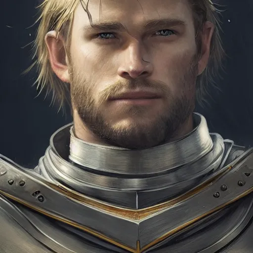 Image similar to a portrait of a medieval knight with a short beard and short blonde hair drawn in the style of greg rutkowski, face of chris hemsworth, trending on artstation, realistic, detailed
