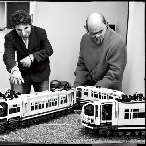 Image similar to alfredo perez rubalcaba playing with train toys