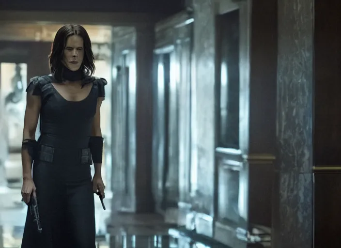 Image similar to film still of Kate Beckinsale as John Wick at the Continental Hotel in John Wick 2014, 4k