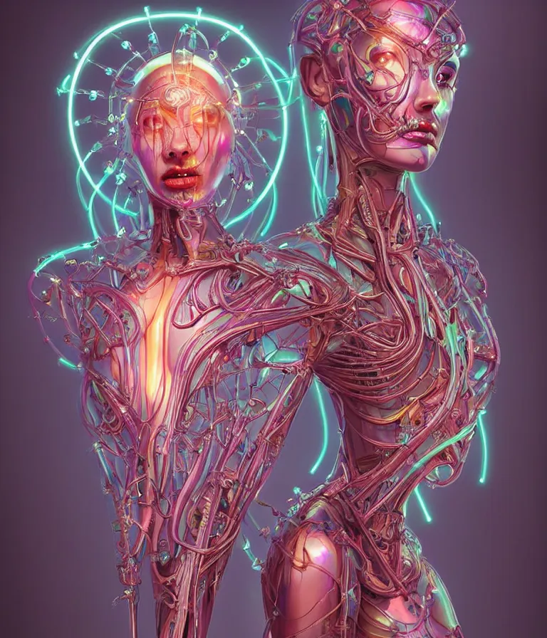 Image similar to fully symmetrical centered iridescent portrait of a beautiful princess in robe. artificial muscles, ribcage, bones, hard surface modelling. cyberpunk look. biomechanical mask. bio luminescent biomechanical halo around head. neon jellyfish. artwork by jarold Sng by artgerm, by Eddie Mendoza, by Peter mohrbacher by tooth wu, unreal engine, octane render, cinematic light, high details, iridescent colors, dichroic, macro, depth of field, blur