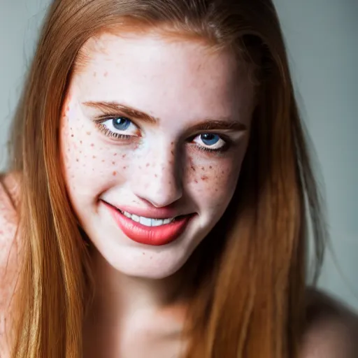 Prompt: a beautiful professional photograph from a photo shoot of a beautiful freckled female fashion model with her smiling and looking at the camera in a flirtatious way with her bright green eyes, she's is natural, easygoing and healthy, shot with nikon, leica, zeiss, 5 0 mm lens, flash fill, f 1. 8 depth of field