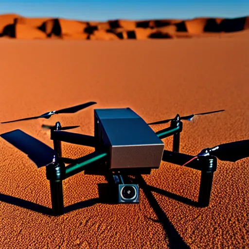 Image similar to 3d printer drone with giant extrusion nozzle in the australian desert, XF IQ4, 150MP, 50mm, F1.4, ISO 200, 1/160s, dawn