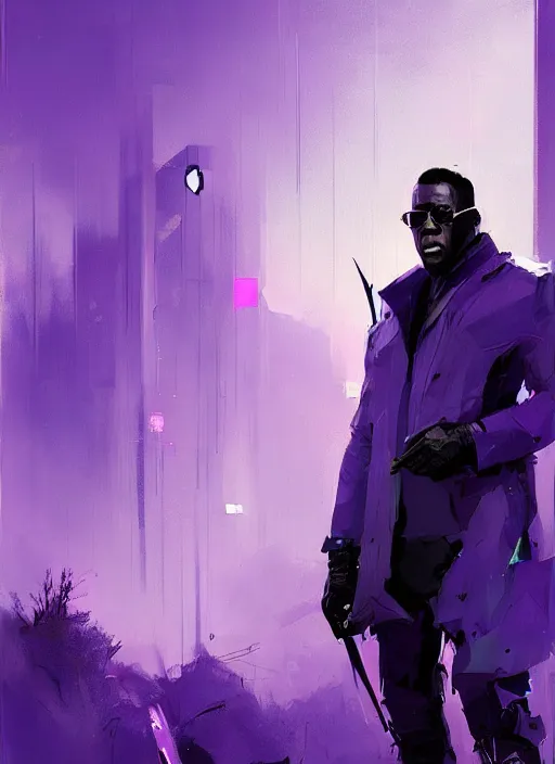 Prompt: wesley snipes as blade, blue and purple hour, by ismail inceoglu