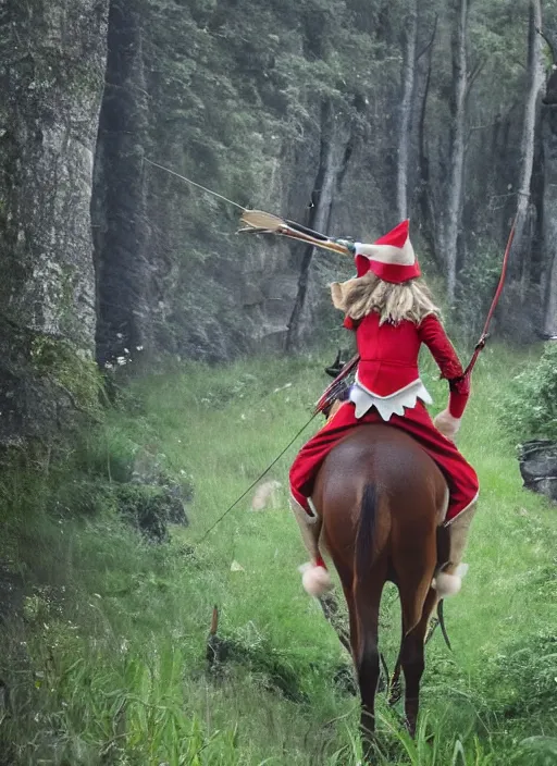 Image similar to an elf with a bow and arrow in her hand rides a horse through the woods. towards a village that is set in a cliff. mystical style