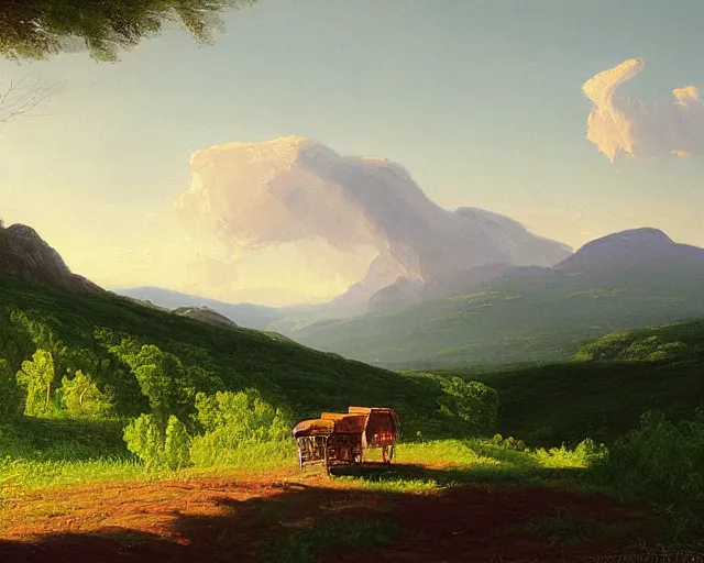 Image similar to a painting of a covered wagon traveling down a road by a mountain, lush countryside, early morning, thomas cole, ted nasmith