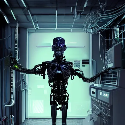 Image similar to photorealistic torso of a terminator with borg implants and a human face is hanging from cables and wires off the ceiling of an futuristic abandoned computer room and plugged into a quantum computer that's visible in the background. bottom half of the terminator's body is missing with cables sticking out. The Terminator is taking a sip from a cup of coffee. Tiny green led lights in the terminator's cybernetics. very detailed 8k. Cyberpunk horror style.