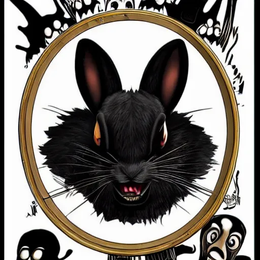 Image similar to A extremely highly detailed majestic hi-res beautiful, highly detailed head and shoulders portrait of a scary terrifying, horrifying, creepy black cartoon rabbit with scary big eyes, earing a shirt laughing, let's be friends, in the style of Walt Disney