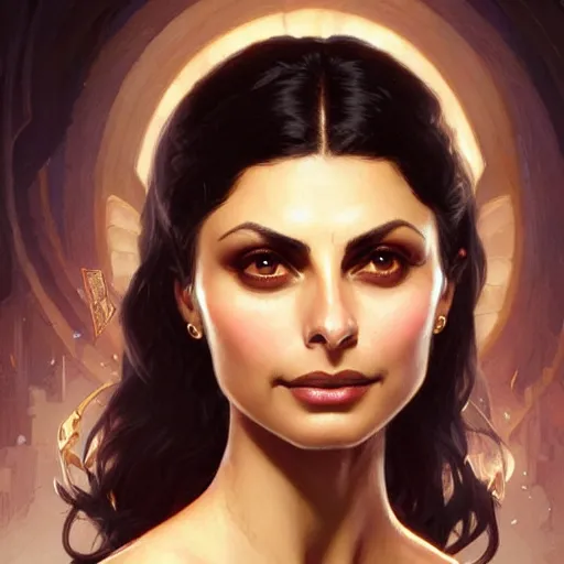 Image similar to Morena Baccarin, D&D, fantasy, intricate, elegant, highly detailed, digital painting, artstation, concept art, matte, sharp focus, illustration, art by Artgerm and Greg Rutkowski and Alphonse Mucha