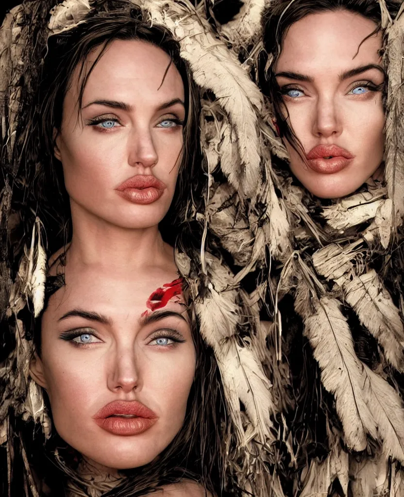 Prompt: photo, warrior, native beauty, nose of Angelina Jolie, lips of Megan Fox, big symmetrical eyes of Bjork, award winning photography by Leonardo Espina