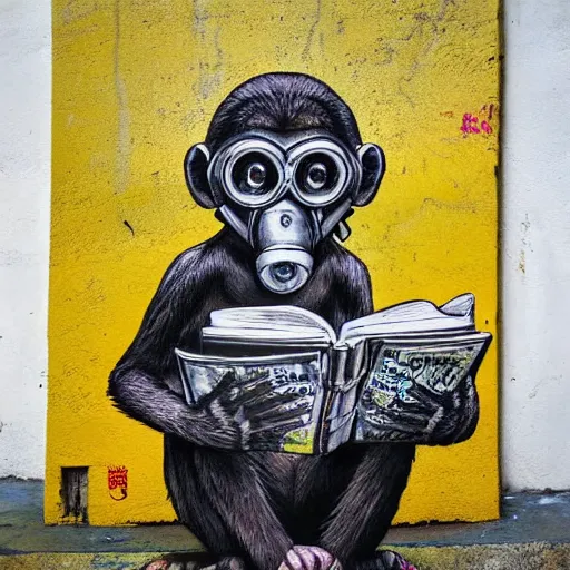 Image similar to a single Monkey reading a book, wearing a gas mask, graffiti, edge to edge, solid color background intricate, highly detailed, smooth, sharp focus, detailed face and body, high contrast, art by wrdsmth