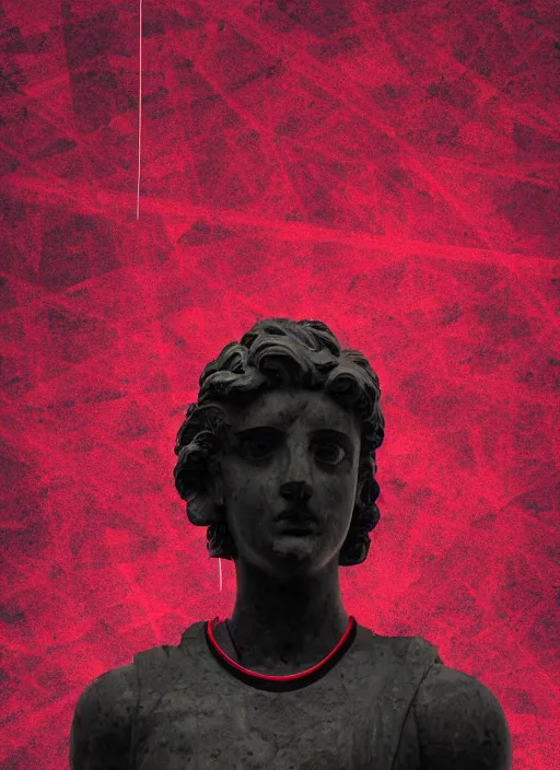 Image similar to black background with subtle red and purple design elements, greco roman statue, grey, nekro, thin lines, dark, glitch art, neo vaporwave, gritty, thin red frame, trending on artstation