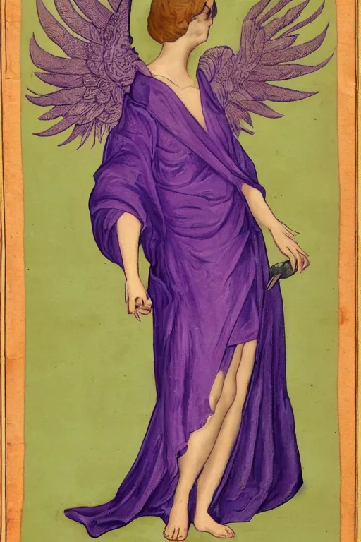 Prompt: woman in purple robes with a phoenix on her shoulder, full body shot