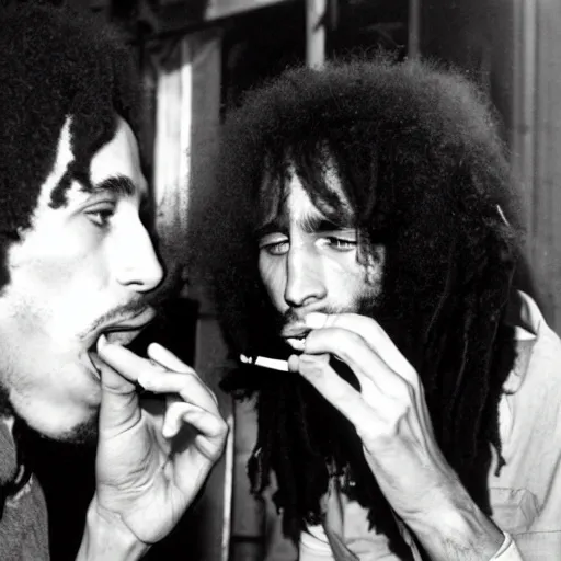 Prompt: photography of bob Marley smoking with Jim Morrison