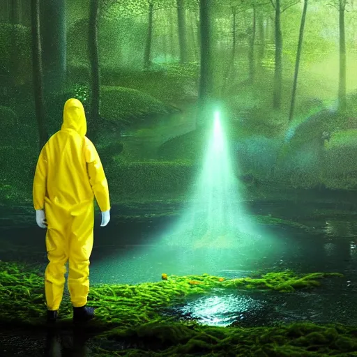 Image similar to a man in a yellow hazmat suit stands in a detailed forest and pours glowing green liquid into a magical river, photorealistic painting, concept art, rendering, octane, redshift, cinematic composition, volumetric lighting