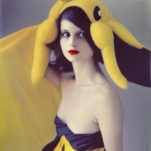 Image similar to elegant woman in a cosplay costume of pikachu, art photo by Annie Liebovitz and David Hamilton and Alphonse Mucha