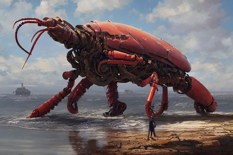 Image similar to very detailed vintage science - fiction giant robot lobster, beautiful painting, david roberts, greg rutkowski, james gurney, artstation.