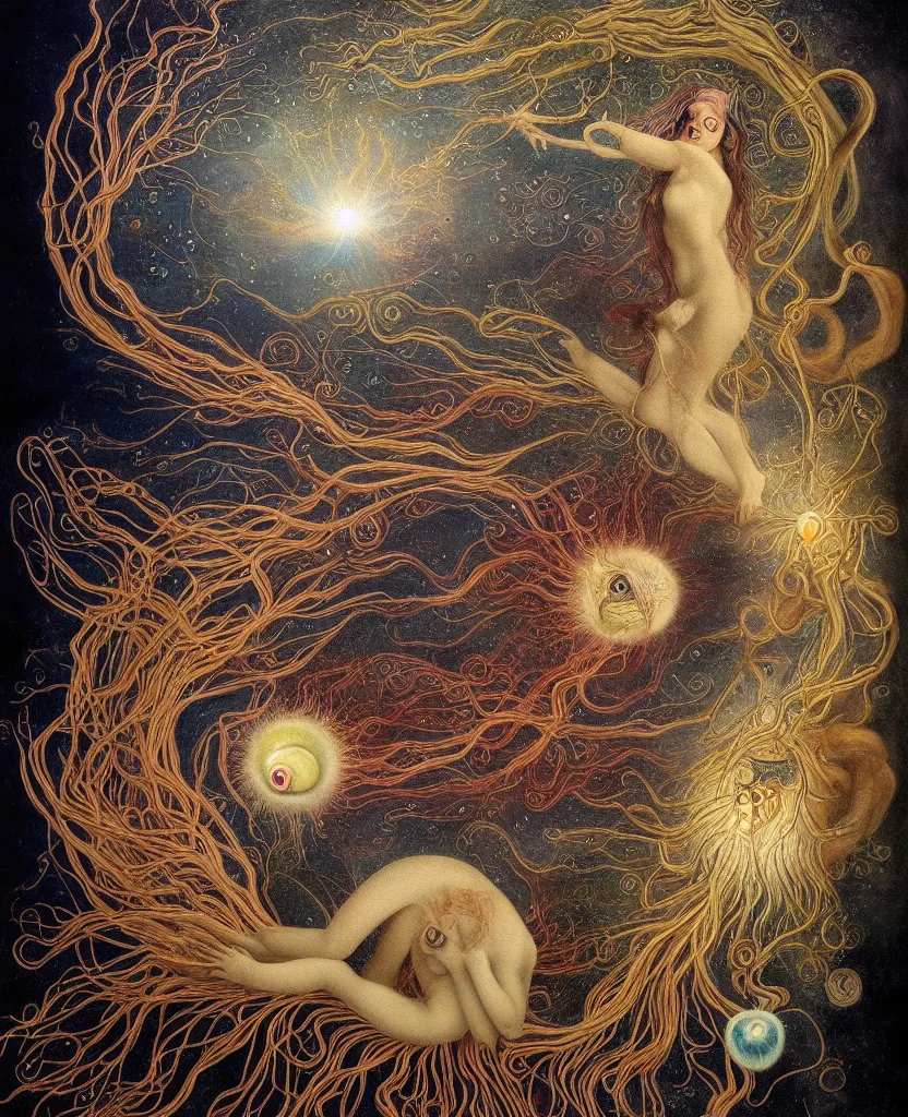 Image similar to at bifrost, a whimsical wild child creature radiates a unique canto'as above so below'while being ignited by the spirit of haeckel and robert fludd, breakthrough is iminent, glory be to the magic within, in honor of venus, painted by ronny khalil