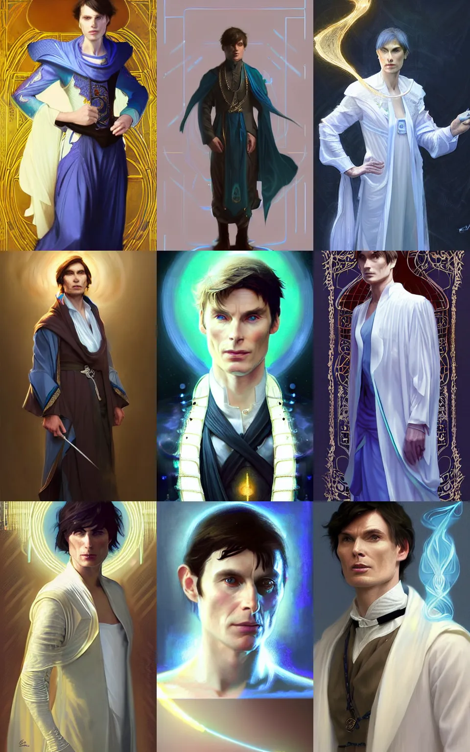 Prompt: character concept portrait of Cillian murphy as a mage healer enchanting a light spell. Magic aura, white silk vests with elaborate blue patterns, elegant. digital painting, concept art, smooth, sharp focus, illustration, from Metal Gear, by Ruan Jia and Mandy Jurgens and William-Adolphe Bouguereau, Artgerm