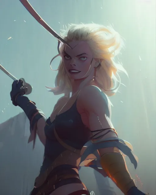 Image similar to margot robbie in a scene in demon slayer anime, illustration, by jordan grimmer and greg rutkowski, trending artstation, pixiv, digital art