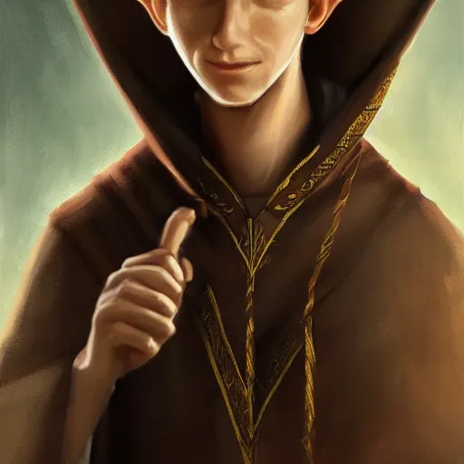 Prompt: A portrait of a adolescent male half-elf wizard who is tall and slim, focus on face, short brown hair, smiling, wizard robes, staff, sharp focus, highly detailed, photograph, cinematic, dynamic lighting, trending on artstation, digital painting, in the style of Chris Ostrowski